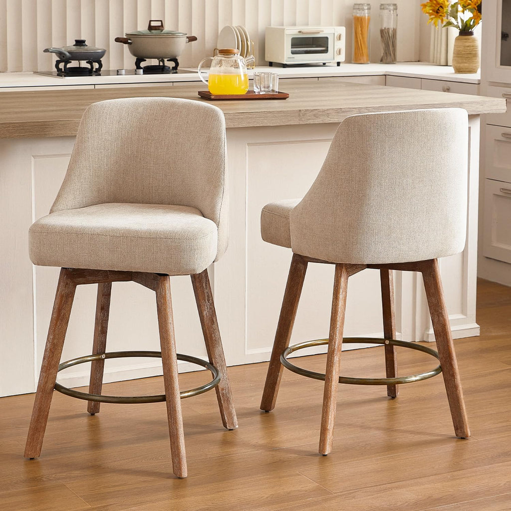 Sand Linen Wood Swivel Bar Stools Set