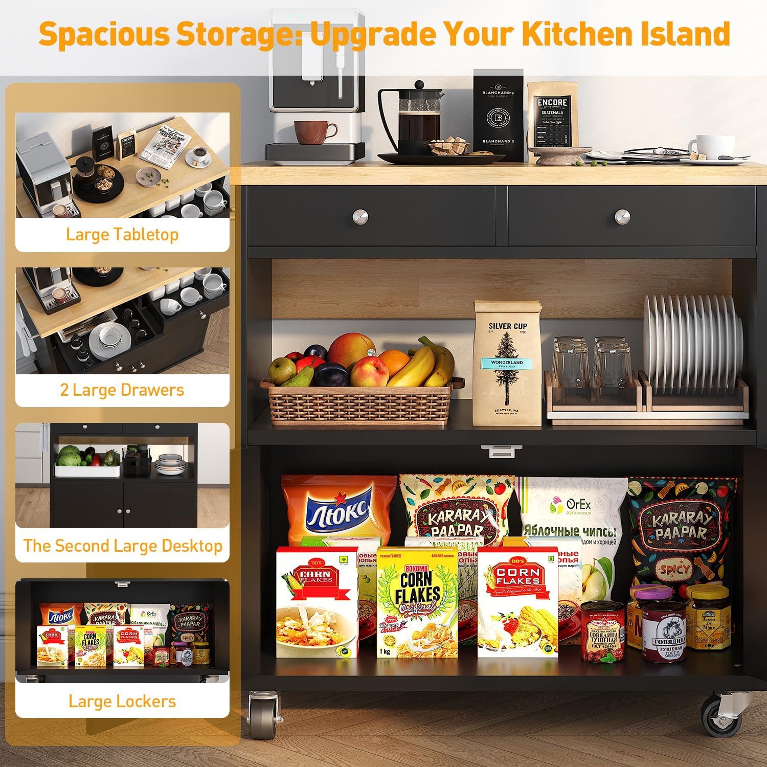 Black Rolling Kitchen Island Cart
