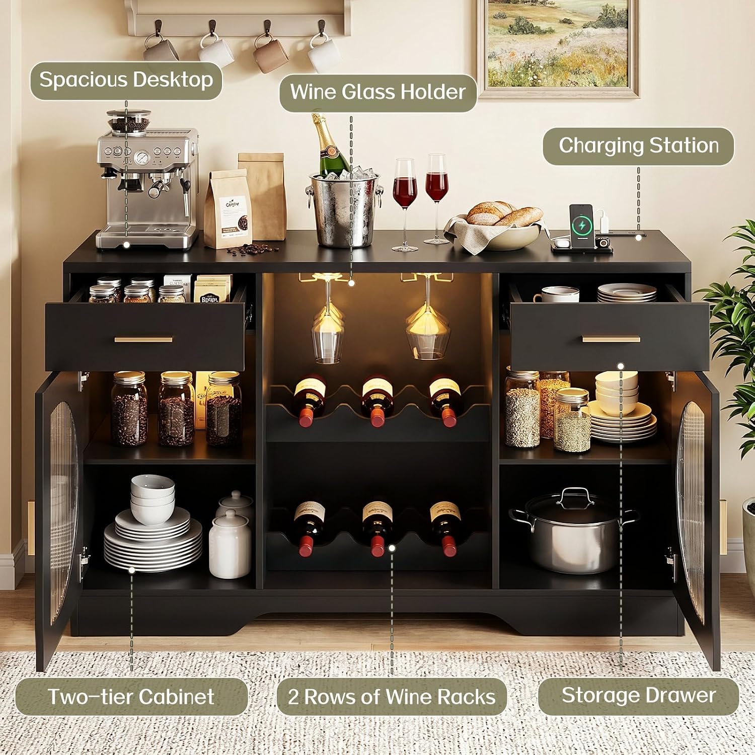 Black LED Power Wine Bar Cabinet