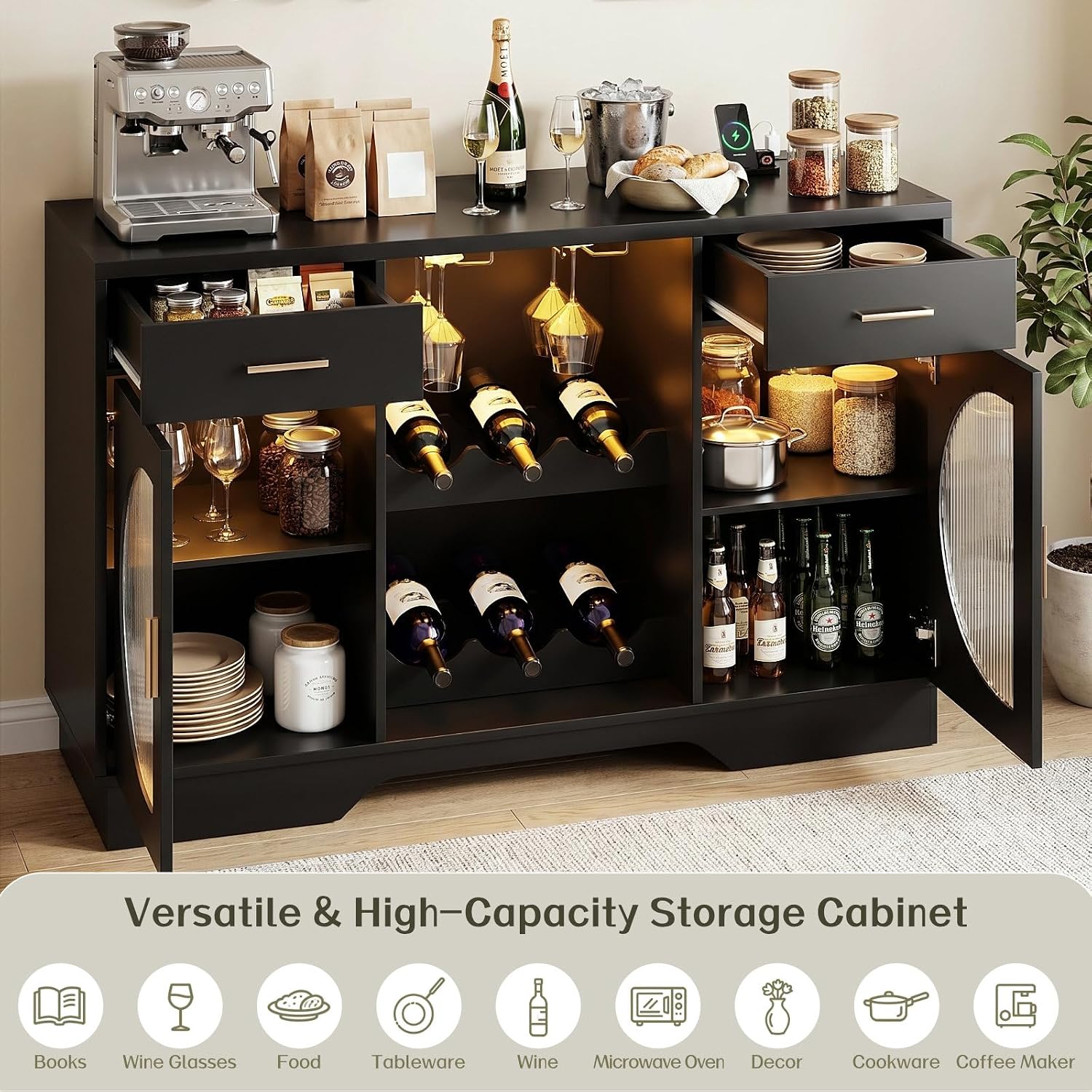 Black LED Power Wine Bar Cabinet