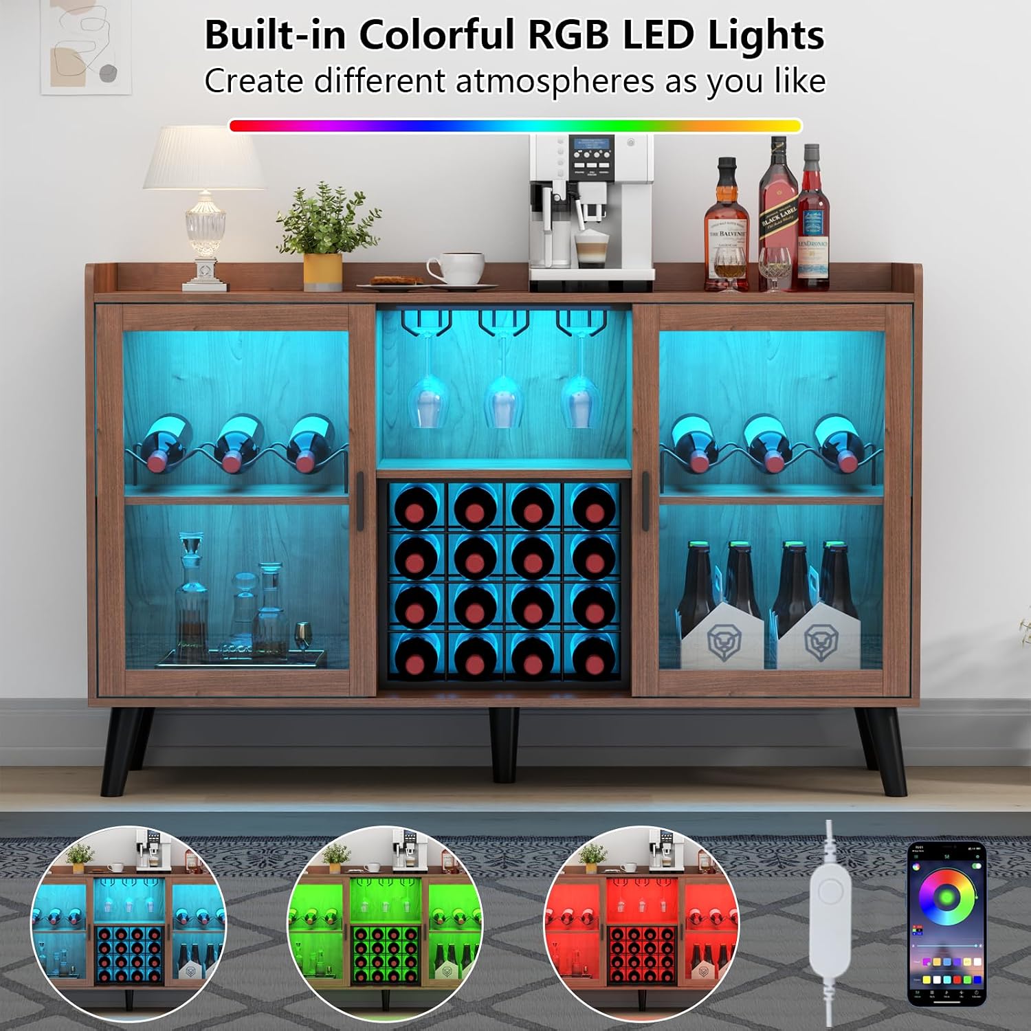 Loomie Walnut LED Wine Bar Cabinet