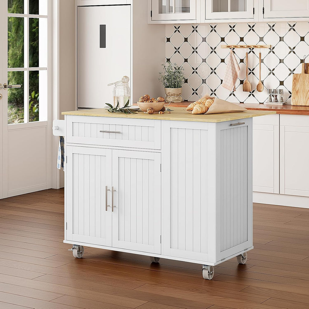 White Rolling Wood Top Kitchen Cart