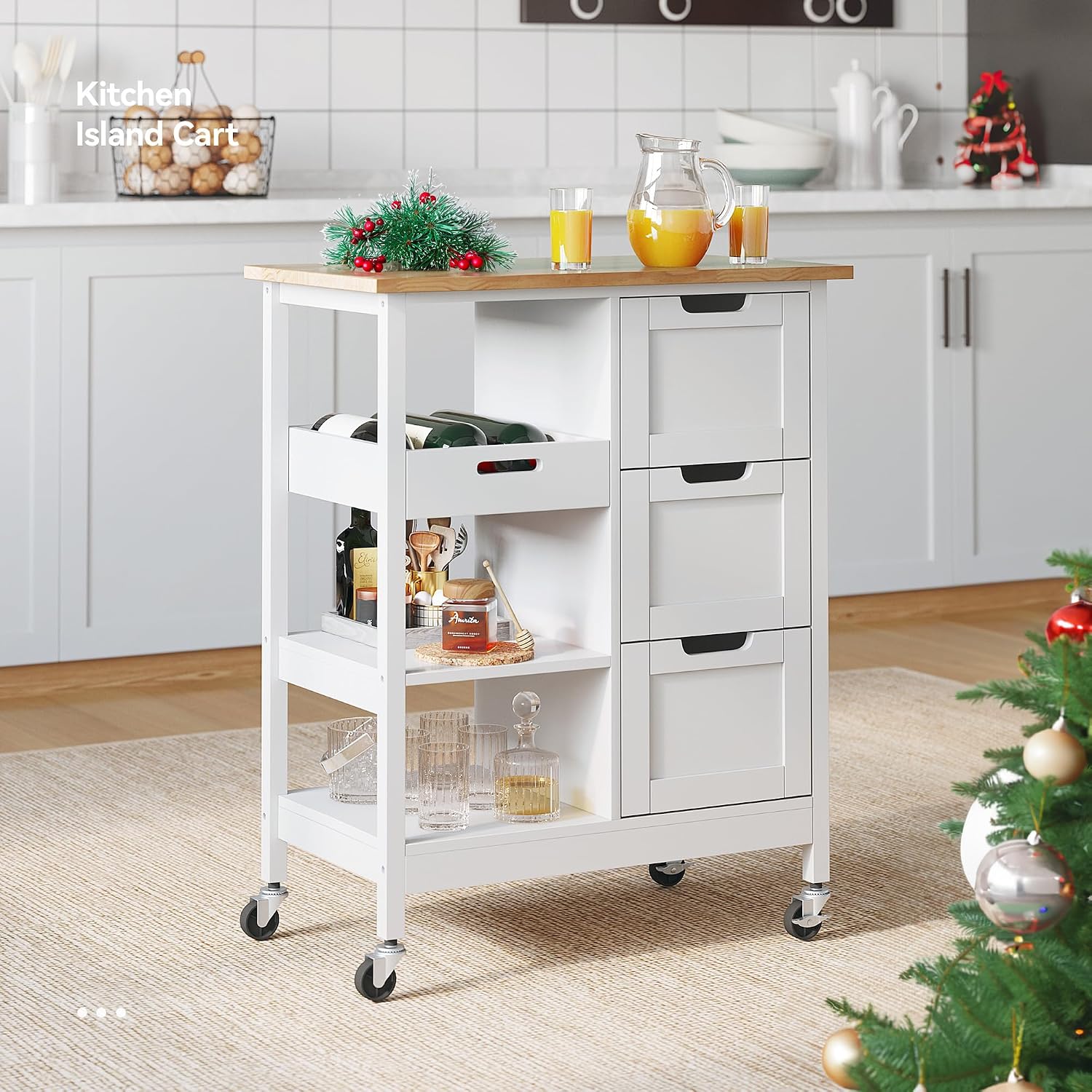 Rolling Wood Kitchen Island Cart Oak White