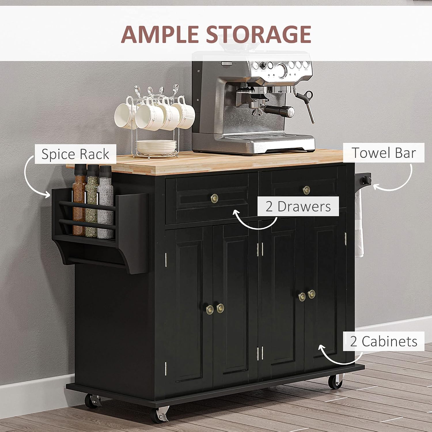 Black Rolling Wood Top Kitchen Cart
