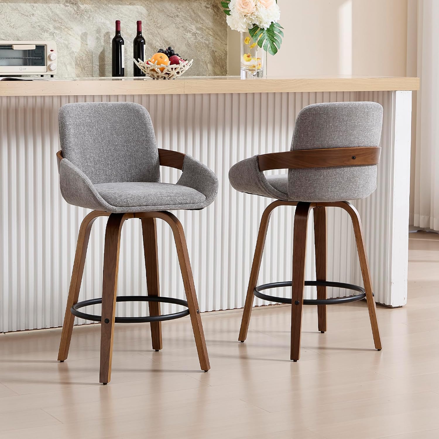 Light Grey Walnut Swivel Bar Stools Set