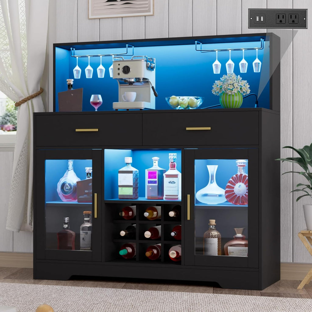 Black LED Power Wine Bar Cabinet