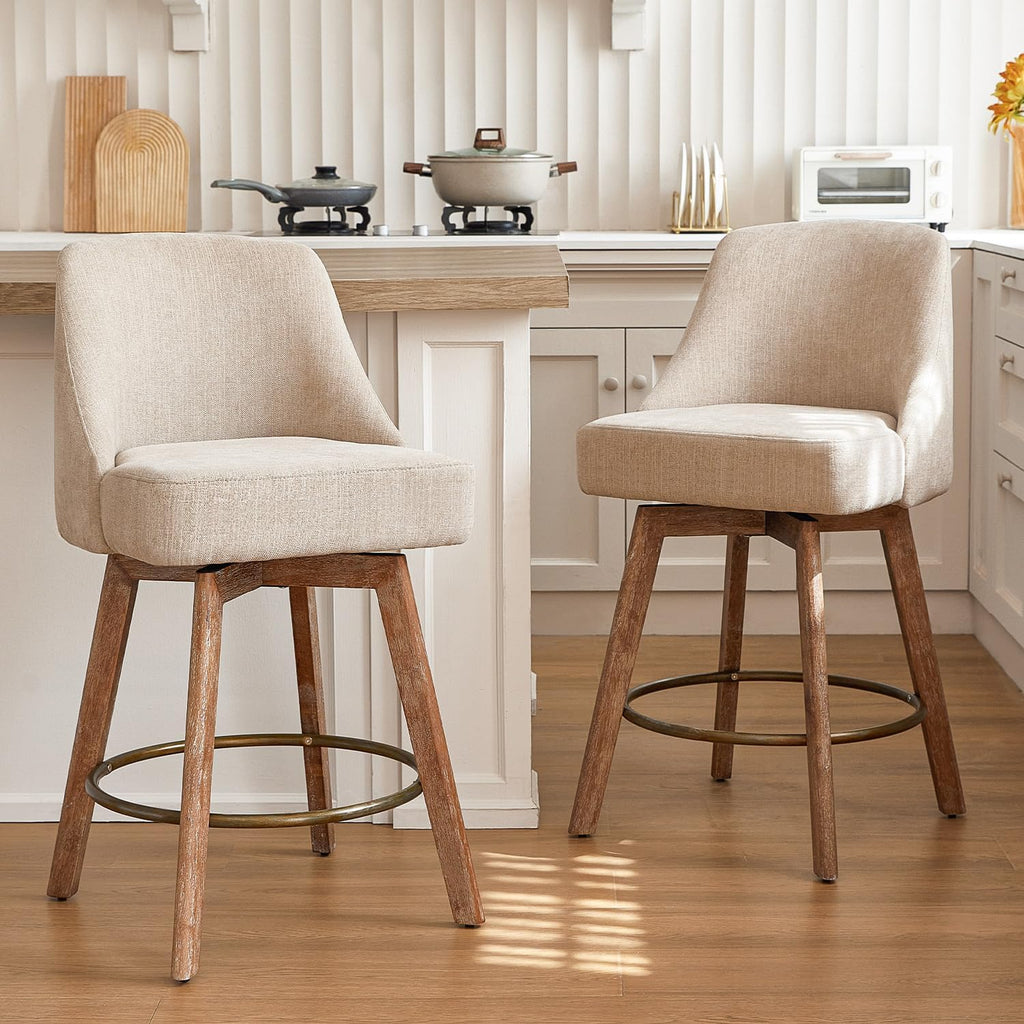 Sand Linen Wood Swivel Bar Stools Set