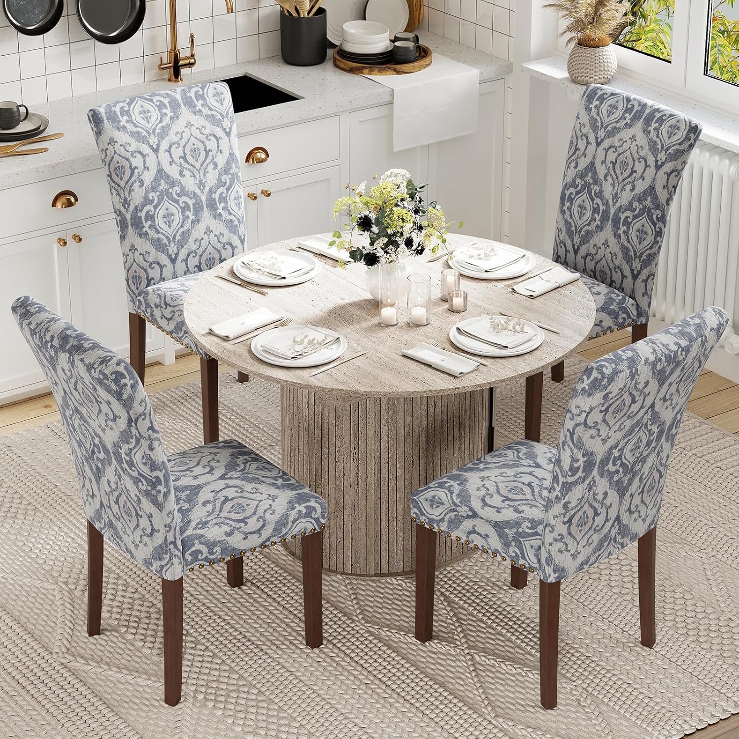 White Blue Floral Extendable Dining Set