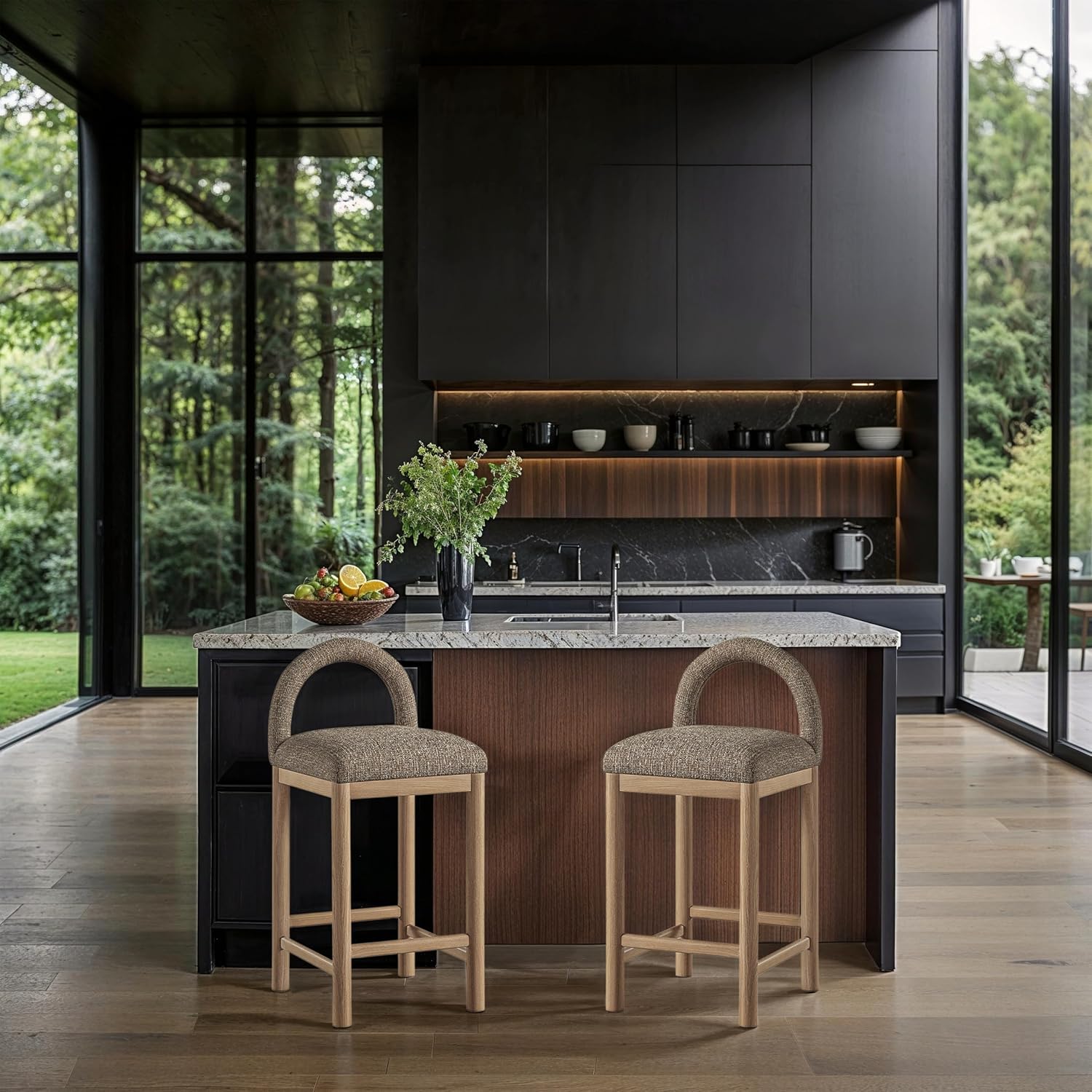 Brown Linen Wood Counter Bar Stool