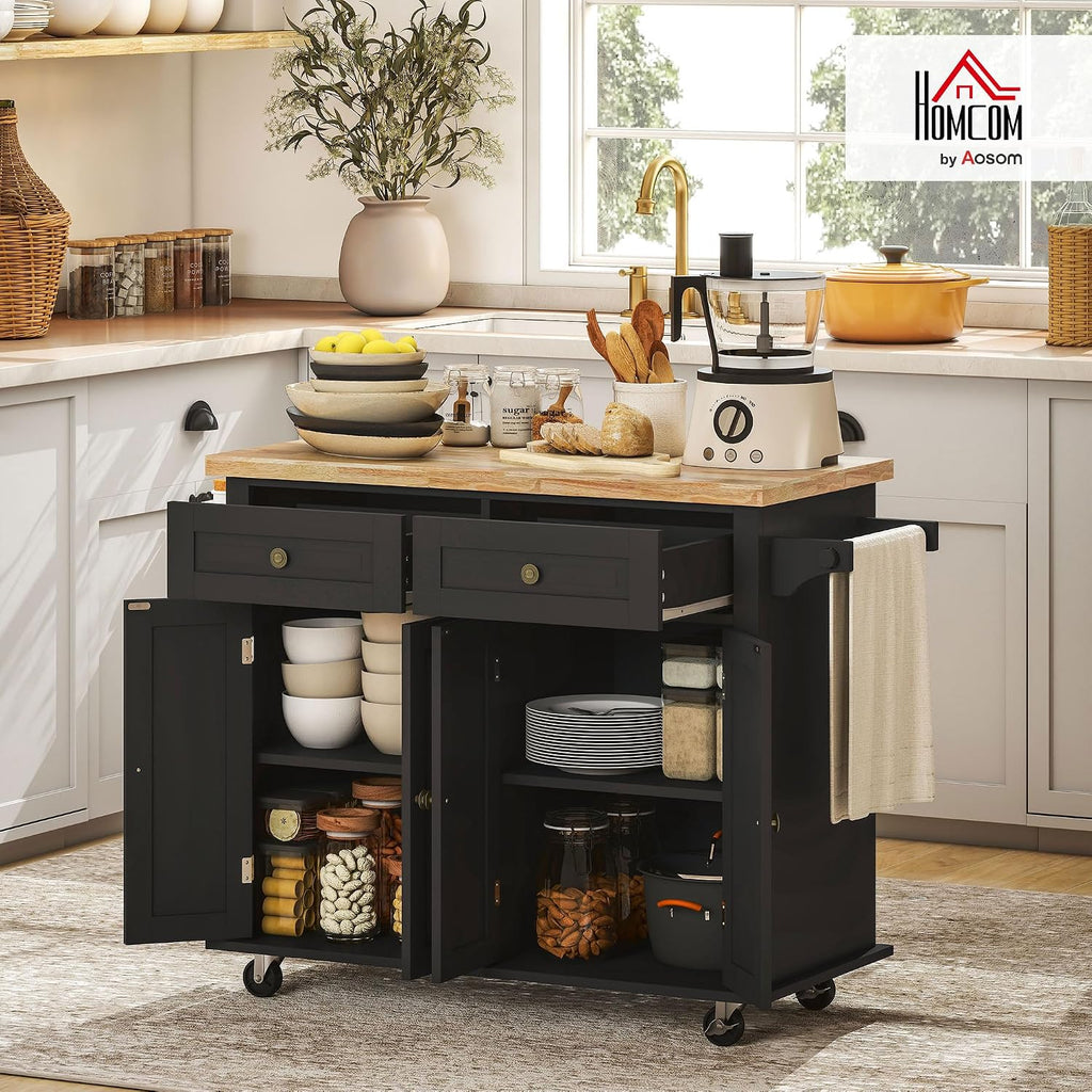 Black Rolling Wood Top Kitchen Cart