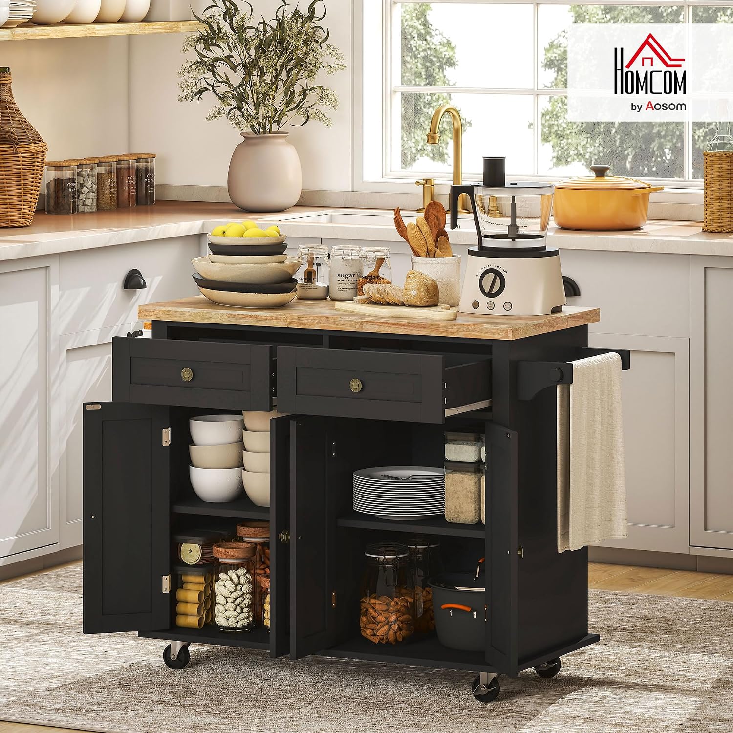 Black Rolling Wood Top Kitchen Cart